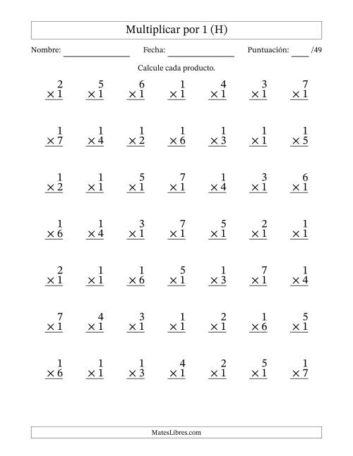 La hoja de ejercicios de Multiplicar (Factores de 1 a 7) por 1 (49 Preguntas) (H)