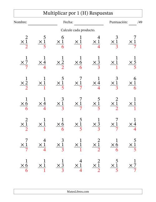 La hoja de ejercicios de Multiplicar (Factores de 1 a 7) por 1 (49 Preguntas) (H) Página 2