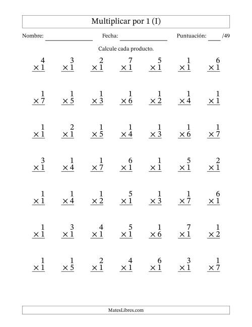La hoja de ejercicios de Multiplicar (Factores de 1 a 7) por 1 (49 Preguntas) (I)