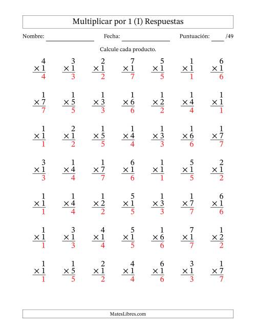 La hoja de ejercicios de Multiplicar (Factores de 1 a 7) por 1 (49 Preguntas) (I) Página 2