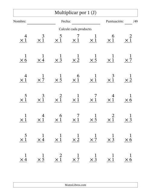 La hoja de ejercicios de Multiplicar (Factores de 1 a 7) por 1 (49 Preguntas) (J)