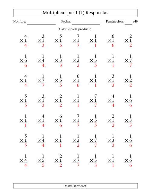 La hoja de ejercicios de Multiplicar (Factores de 1 a 7) por 1 (49 Preguntas) (J) Página 2