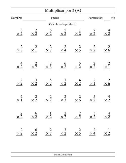 La hoja de ejercicios de Multiplicar (Factores de 1 a 7) por 2 (49 Preguntas) (A)