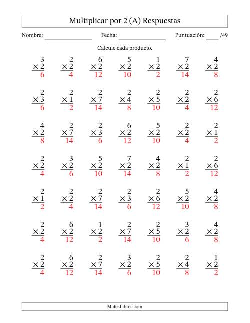 La hoja de ejercicios de Multiplicar (Factores de 1 a 7) por 2 (49 Preguntas) (A) Página 2