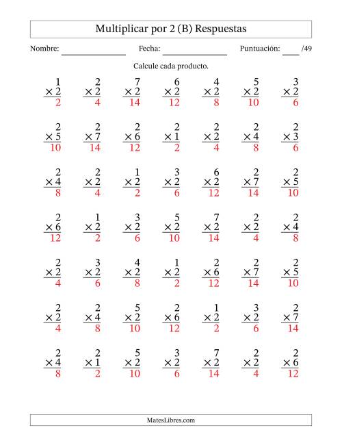 La hoja de ejercicios de Multiplicar (Factores de 1 a 7) por 2 (49 Preguntas) (B) Página 2