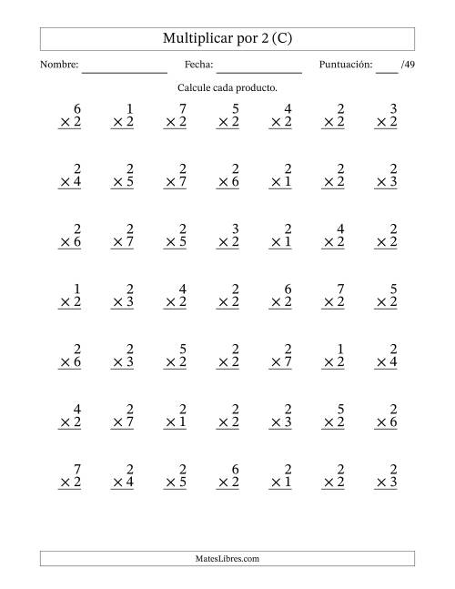La hoja de ejercicios de Multiplicar (Factores de 1 a 7) por 2 (49 Preguntas) (C)