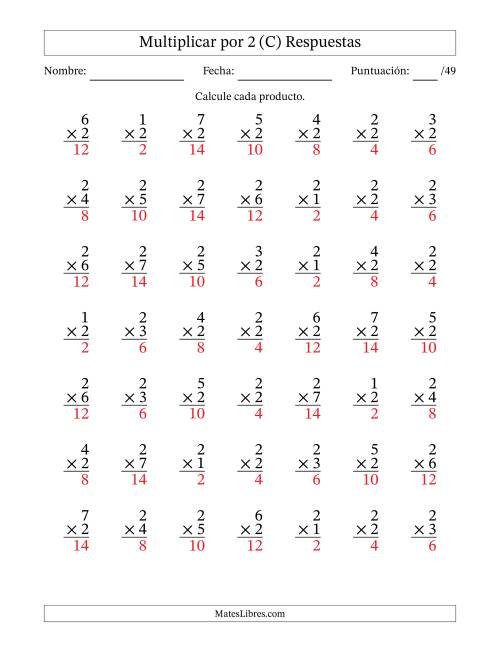 La hoja de ejercicios de Multiplicar (Factores de 1 a 7) por 2 (49 Preguntas) (C) Página 2