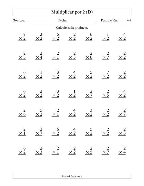 La hoja de ejercicios de Multiplicar (Factores de 1 a 7) por 2 (49 Preguntas) (D)