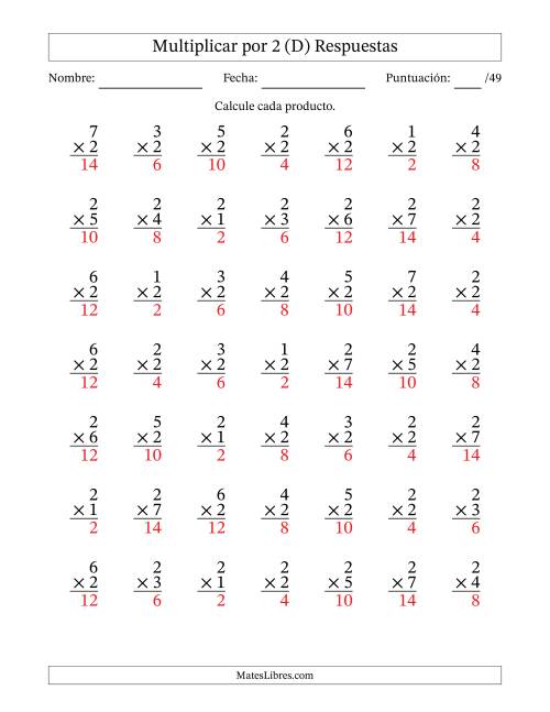 La hoja de ejercicios de Multiplicar (Factores de 1 a 7) por 2 (49 Preguntas) (D) Página 2