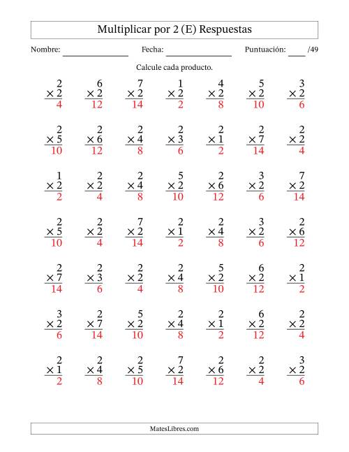 La hoja de ejercicios de Multiplicar (Factores de 1 a 7) por 2 (49 Preguntas) (E) Página 2