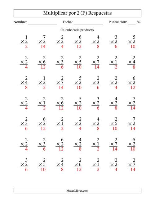 La hoja de ejercicios de Multiplicar (Factores de 1 a 7) por 2 (49 Preguntas) (F) Página 2