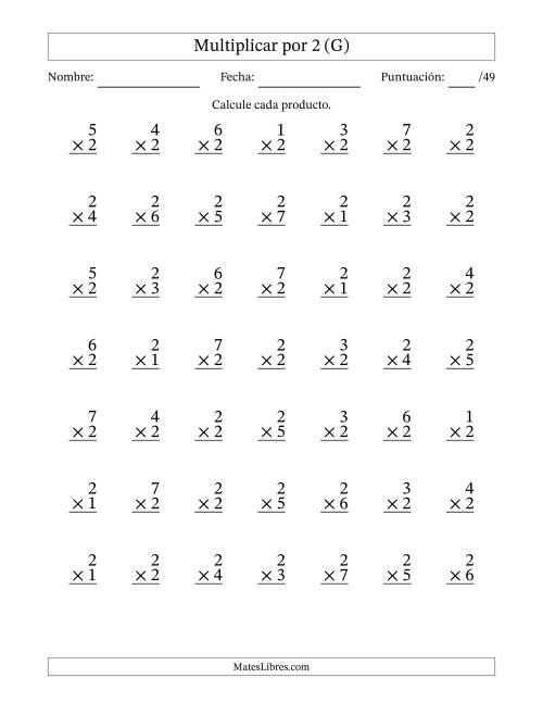La hoja de ejercicios de Multiplicar (Factores de 1 a 7) por 2 (49 Preguntas) (G)