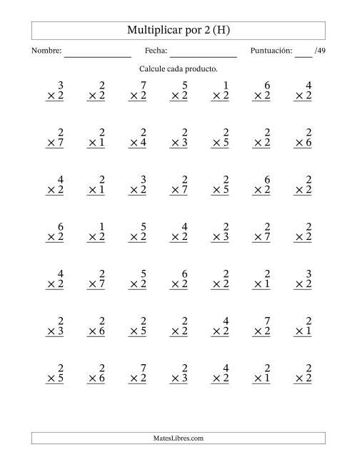 La hoja de ejercicios de Multiplicar (Factores de 1 a 7) por 2 (49 Preguntas) (H)