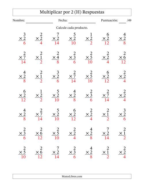 La hoja de ejercicios de Multiplicar (Factores de 1 a 7) por 2 (49 Preguntas) (H) Página 2