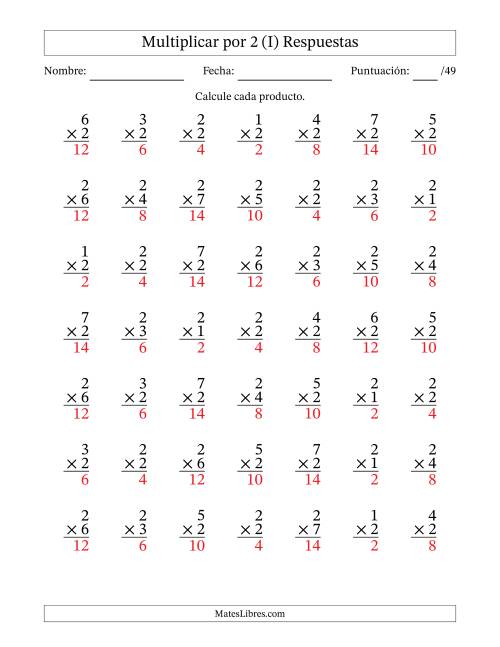 La hoja de ejercicios de Multiplicar (Factores de 1 a 7) por 2 (49 Preguntas) (I) Página 2