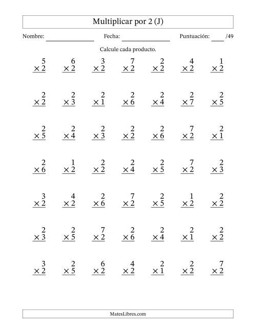 La hoja de ejercicios de Multiplicar (Factores de 1 a 7) por 2 (49 Preguntas) (J)
