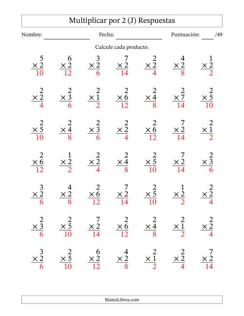 La hoja de ejercicios de Multiplicar (Factores de 1 a 7) por 2 (49 Preguntas) (J) Página 2