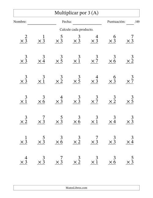 La hoja de ejercicios de Multiplicar (Factores de 1 a 7) por 3 (49 Preguntas) (A)