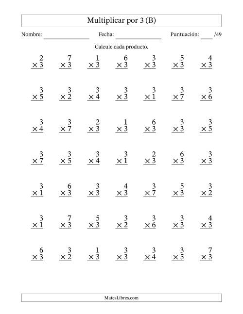La hoja de ejercicios de Multiplicar (Factores de 1 a 7) por 3 (49 Preguntas) (B)