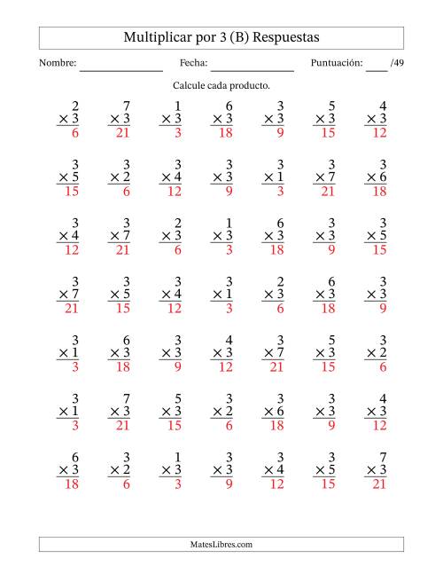 La hoja de ejercicios de Multiplicar (Factores de 1 a 7) por 3 (49 Preguntas) (B) Página 2