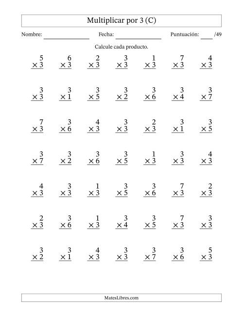 La hoja de ejercicios de Multiplicar (Factores de 1 a 7) por 3 (49 Preguntas) (C)
