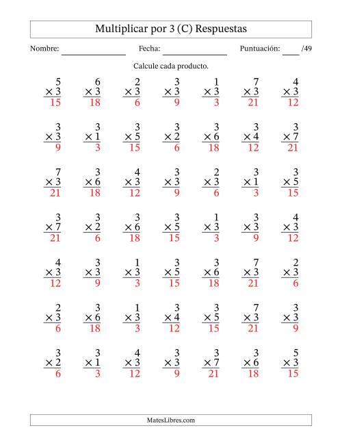La hoja de ejercicios de Multiplicar (Factores de 1 a 7) por 3 (49 Preguntas) (C) Página 2