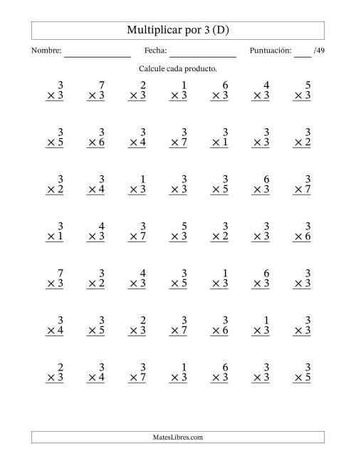 La hoja de ejercicios de Multiplicar (Factores de 1 a 7) por 3 (49 Preguntas) (D)