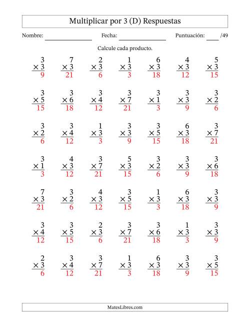 La hoja de ejercicios de Multiplicar (Factores de 1 a 7) por 3 (49 Preguntas) (D) Página 2