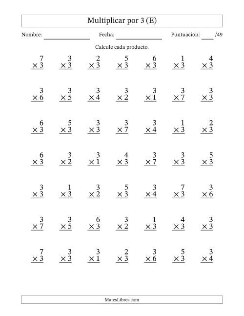 La hoja de ejercicios de Multiplicar (Factores de 1 a 7) por 3 (49 Preguntas) (E)