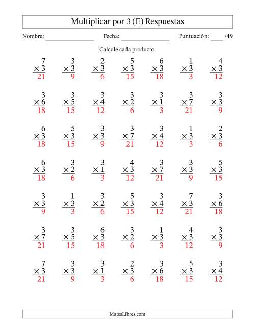 La hoja de ejercicios de Multiplicar (Factores de 1 a 7) por 3 (49 Preguntas) (E) Página 2