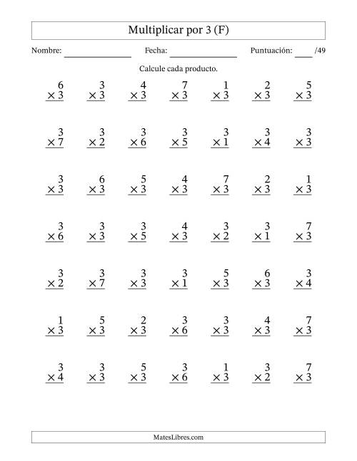 La hoja de ejercicios de Multiplicar (Factores de 1 a 7) por 3 (49 Preguntas) (F)