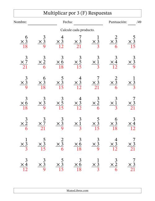 La hoja de ejercicios de Multiplicar (Factores de 1 a 7) por 3 (49 Preguntas) (F) Página 2