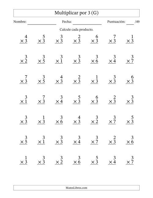 La hoja de ejercicios de Multiplicar (Factores de 1 a 7) por 3 (49 Preguntas) (G)
