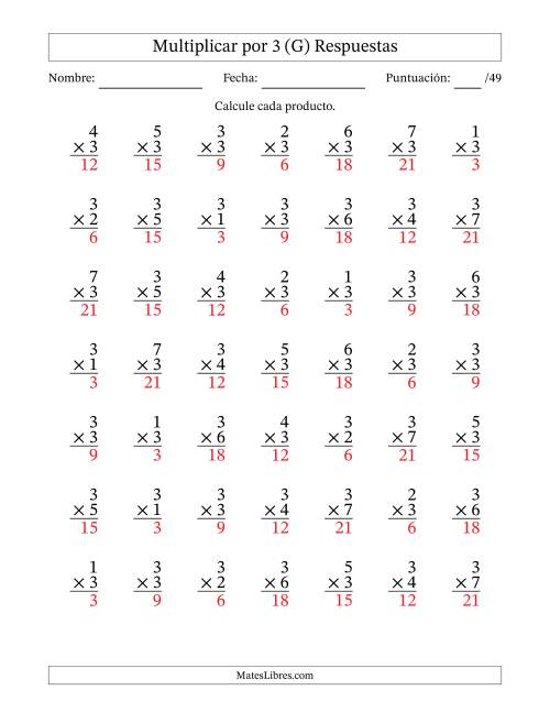 La hoja de ejercicios de Multiplicar (Factores de 1 a 7) por 3 (49 Preguntas) (G) Página 2