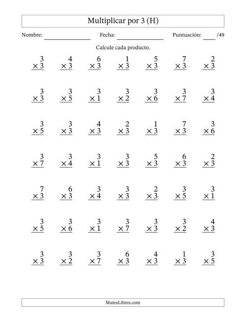 La hoja de ejercicios de Multiplicar (Factores de 1 a 7) por 3 (49 Preguntas) (H)