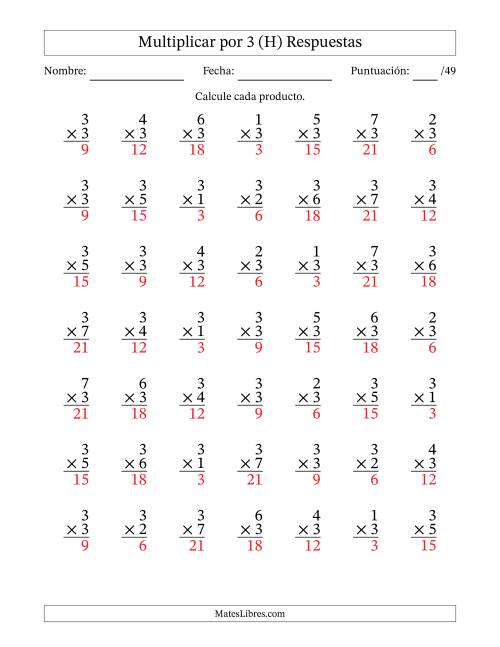 La hoja de ejercicios de Multiplicar (Factores de 1 a 7) por 3 (49 Preguntas) (H) Página 2
