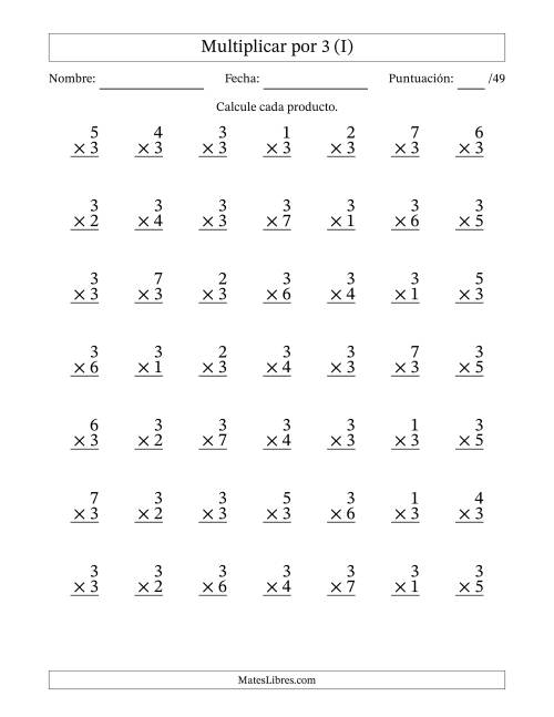 La hoja de ejercicios de Multiplicar (Factores de 1 a 7) por 3 (49 Preguntas) (I)