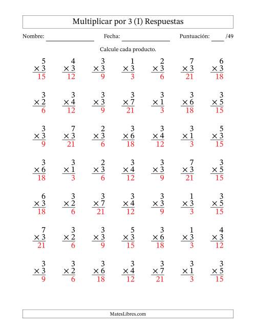 La hoja de ejercicios de Multiplicar (Factores de 1 a 7) por 3 (49 Preguntas) (I) Página 2