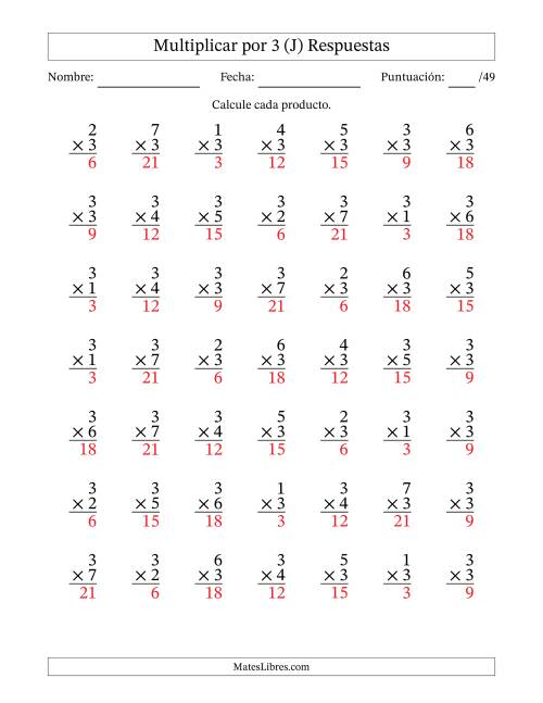 La hoja de ejercicios de Multiplicar (Factores de 1 a 7) por 3 (49 Preguntas) (J) Página 2
