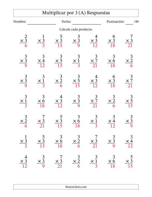 La hoja de ejercicios de Multiplicar (Factores de 1 a 7) por 3 (49 Preguntas) (Todas) Página 2