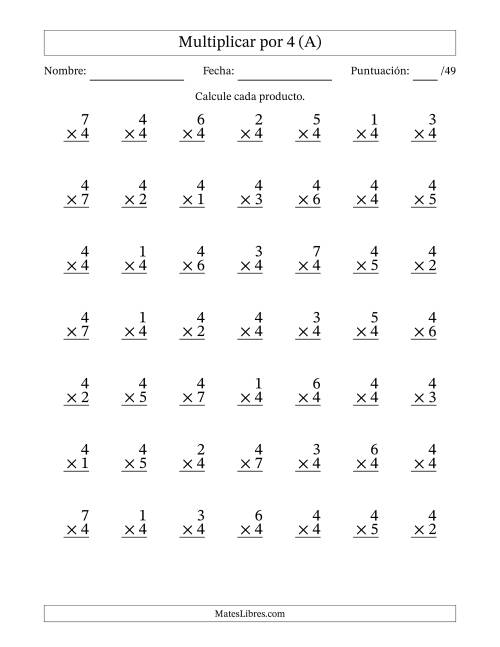 La hoja de ejercicios de Multiplicar (Factores de 1 a 7) por 4 (49 Preguntas) (A)