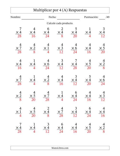 La hoja de ejercicios de Multiplicar (Factores de 1 a 7) por 4 (49 Preguntas) (A) Página 2