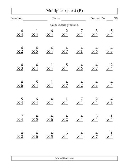La hoja de ejercicios de Multiplicar (Factores de 1 a 7) por 4 (49 Preguntas) (B)