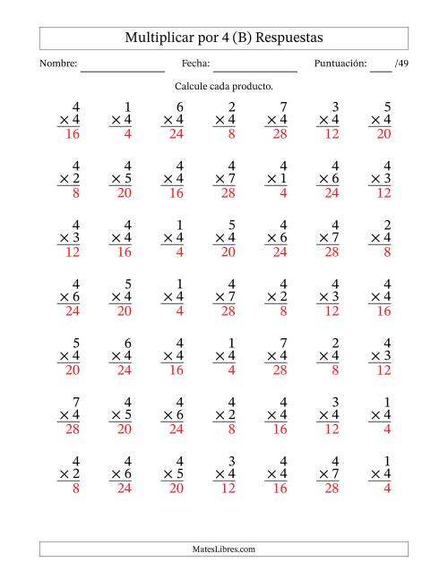 La hoja de ejercicios de Multiplicar (Factores de 1 a 7) por 4 (49 Preguntas) (B) Página 2