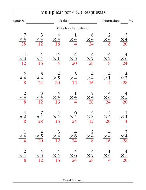 La hoja de ejercicios de Multiplicar (Factores de 1 a 7) por 4 (49 Preguntas) (C) Página 2
