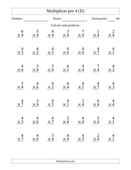 La hoja de ejercicios de Multiplicar (Factores de 1 a 7) por 4 (49 Preguntas) (D)