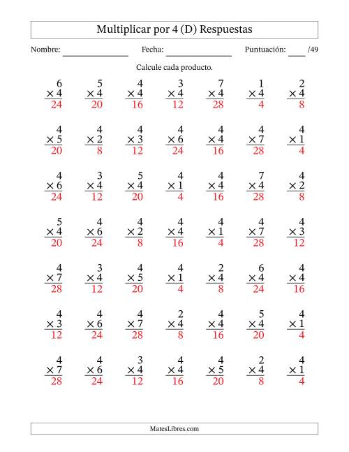 La hoja de ejercicios de Multiplicar (Factores de 1 a 7) por 4 (49 Preguntas) (D) Página 2