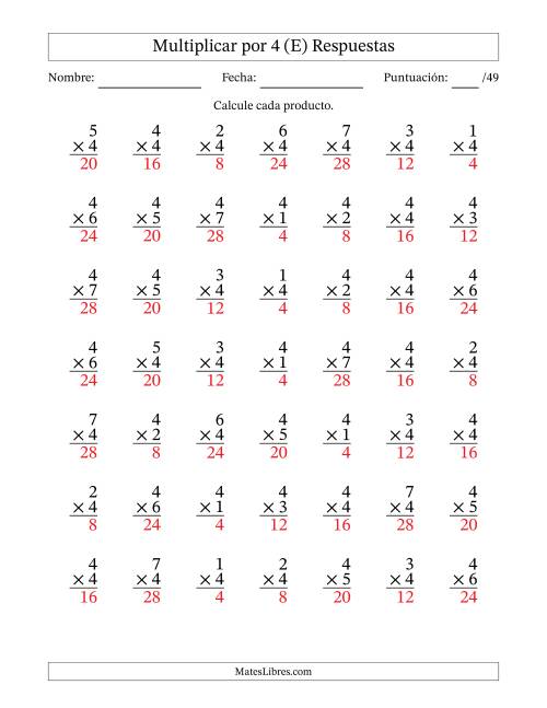 La hoja de ejercicios de Multiplicar (Factores de 1 a 7) por 4 (49 Preguntas) (E) Página 2