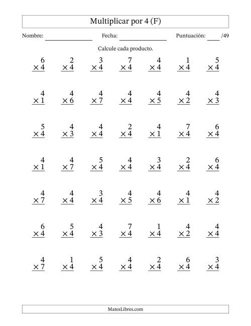 La hoja de ejercicios de Multiplicar (Factores de 1 a 7) por 4 (49 Preguntas) (F)