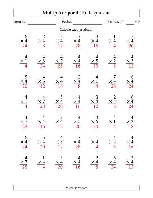 La hoja de ejercicios de Multiplicar (Factores de 1 a 7) por 4 (49 Preguntas) (F) Página 2